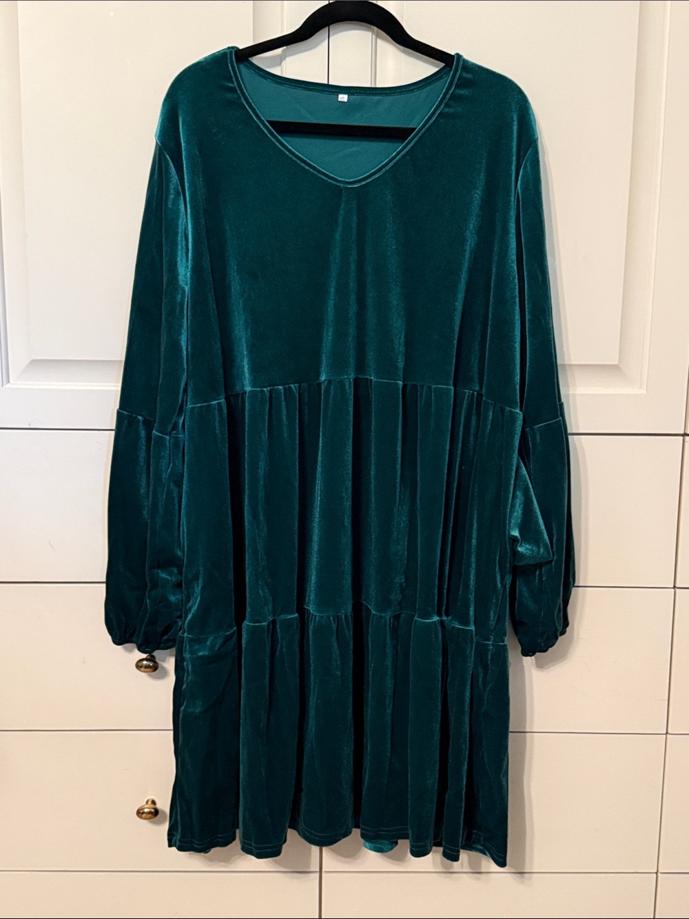 Green Velvet Tiered V-Neck Dress